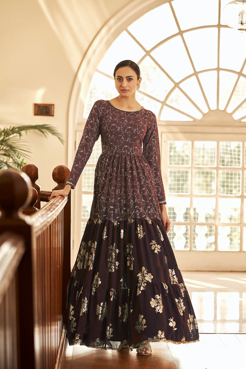 Maroon Metallic Foilage Print Georgette Anarkali Long Gown Semi Stitched ClothsVilla Main image