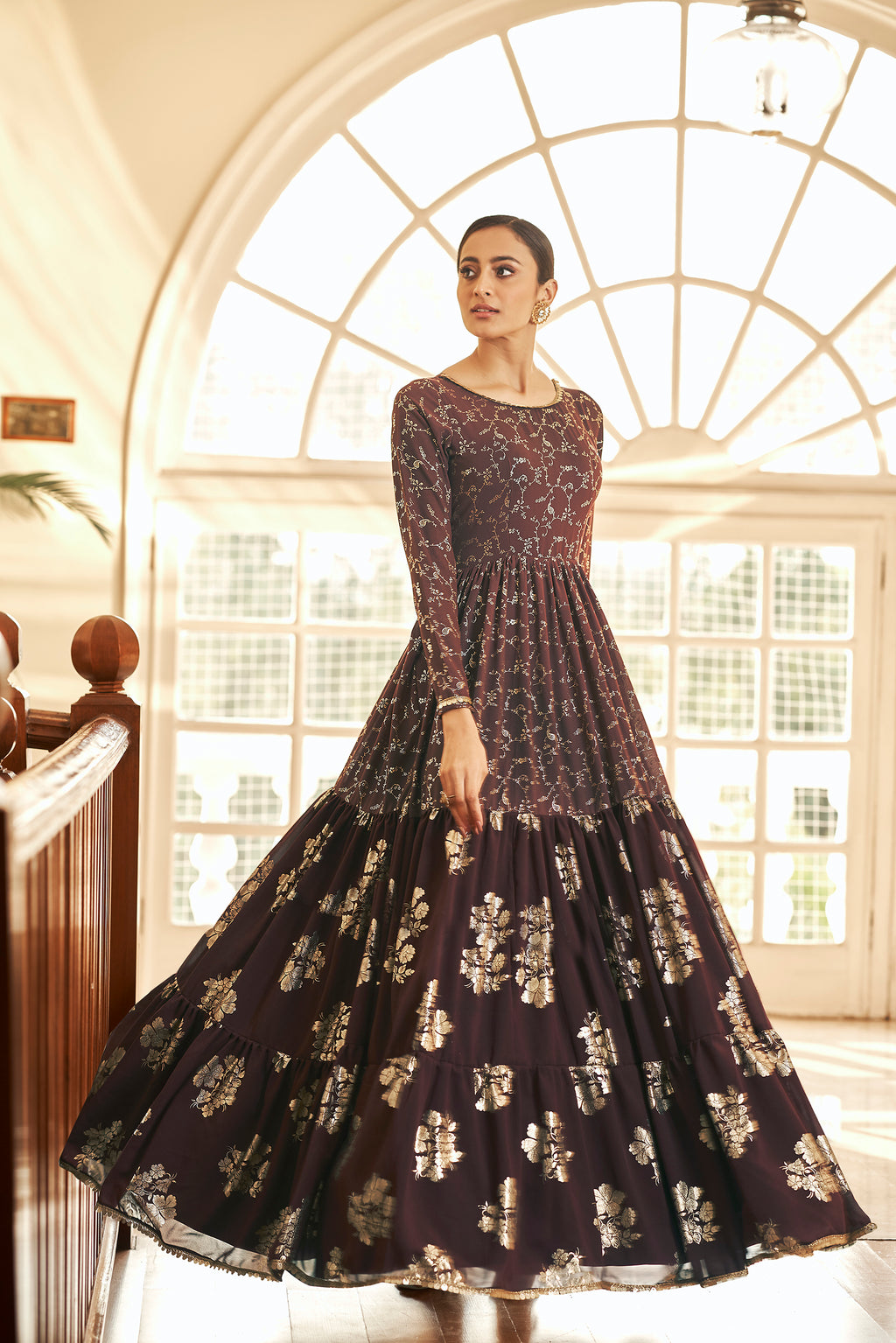 Maroon Metallic Foilage Print Georgette Anarkali Long Gown Semi Stitched ClothsVilla