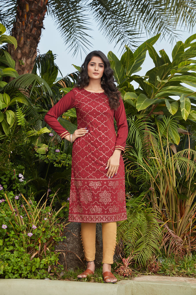 Maroon Cotton Ajrakh striped kurta with embroidery on hem & sleeves an –  Sujatra