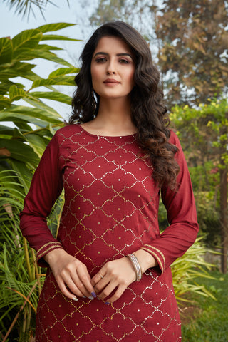 Maroon Mukaish Worked Cotton Readymade Kurti ClothsVilla