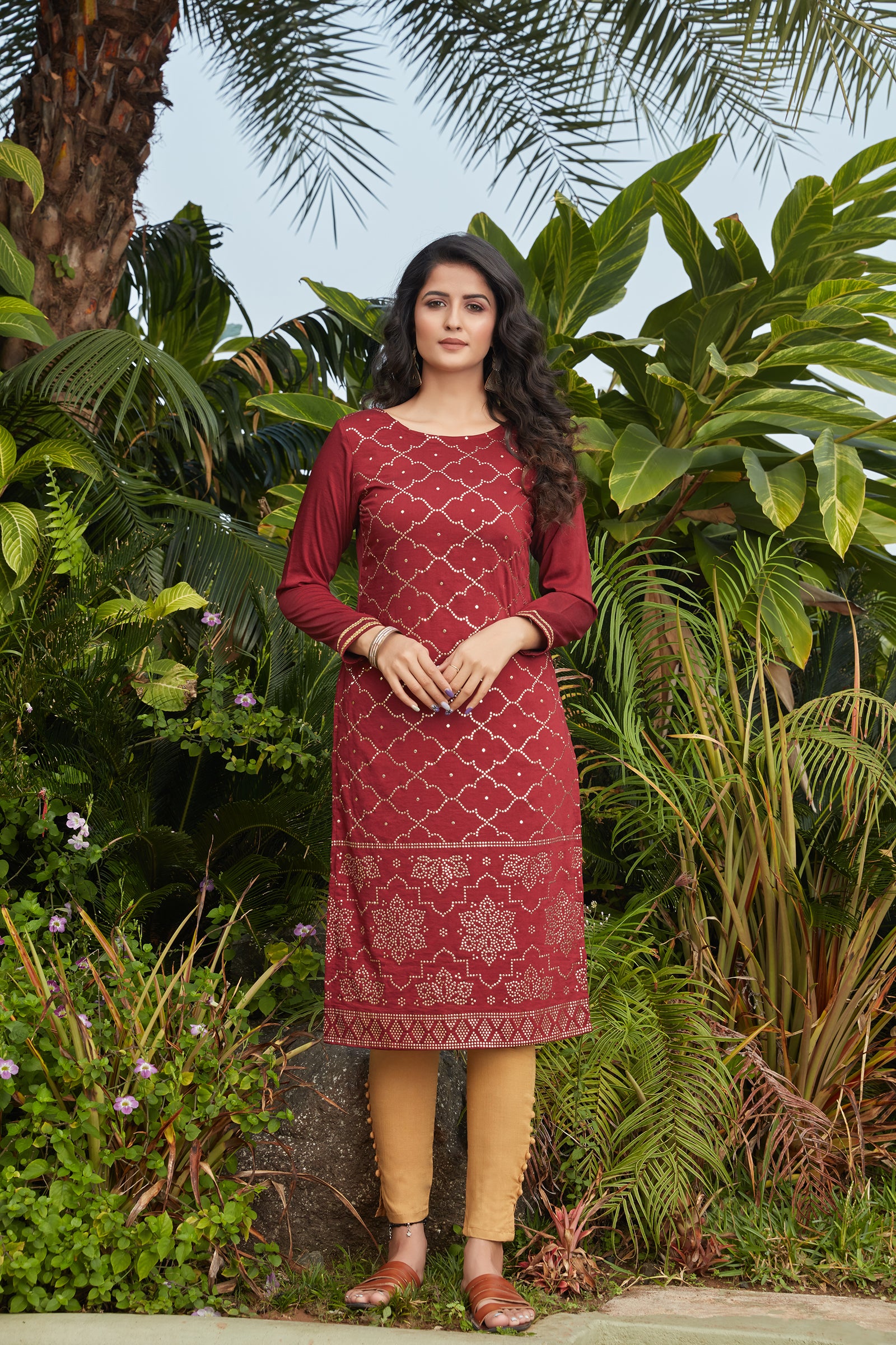 Maroon Mukaish Worked Cotton Readymade Kurti ClothsVilla
