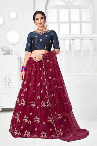 Maroon Net Embroidered Contrast Lehenga Choli Collection ClothsVilla.com