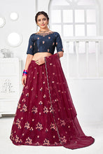 Load image into Gallery viewer, Maroon Net Embroidered Contrast Lehenga Choli Collection ClothsVilla.com