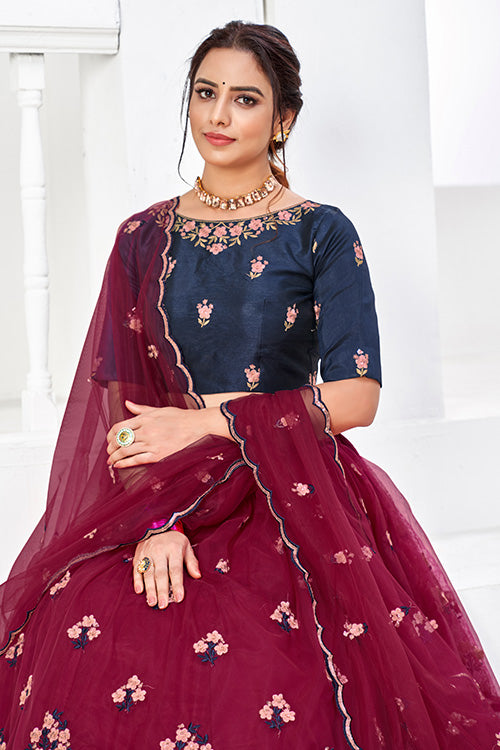 Maroon Net Embroidered Contrast Lehenga Choli Collection ClothsVilla.com