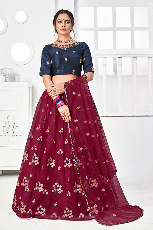 Maroon Net Embroidered Contrast Lehenga Choli Collection ClothsVilla.com