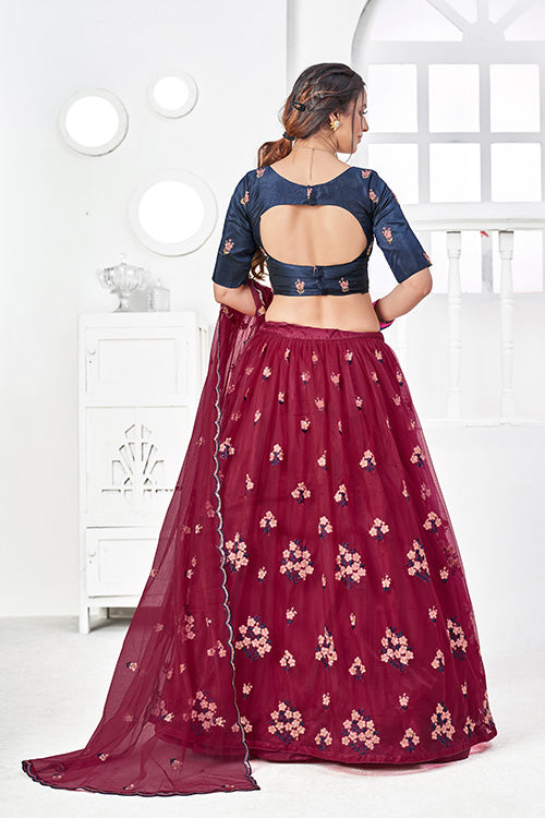 Maroon Net Embroidered Contrast Lehenga Choli Collection ClothsVilla.com