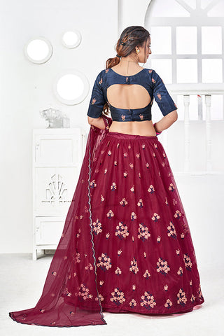 Maroon Net Embroidered Contrast Lehenga Choli Collection ClothsVilla.com