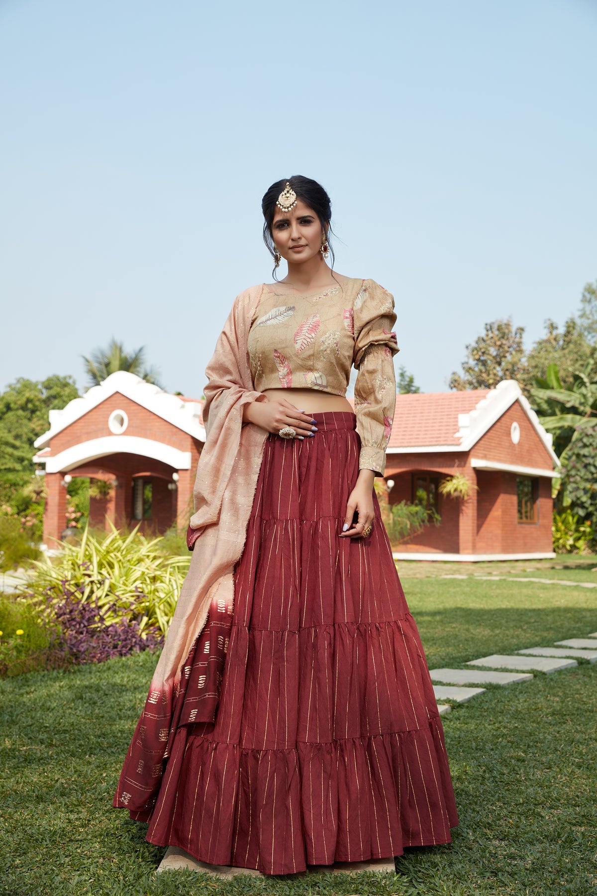 Maroon Printed Cotton Party Wear Lehenga Choli With Dupatta ClothsVilla Main image