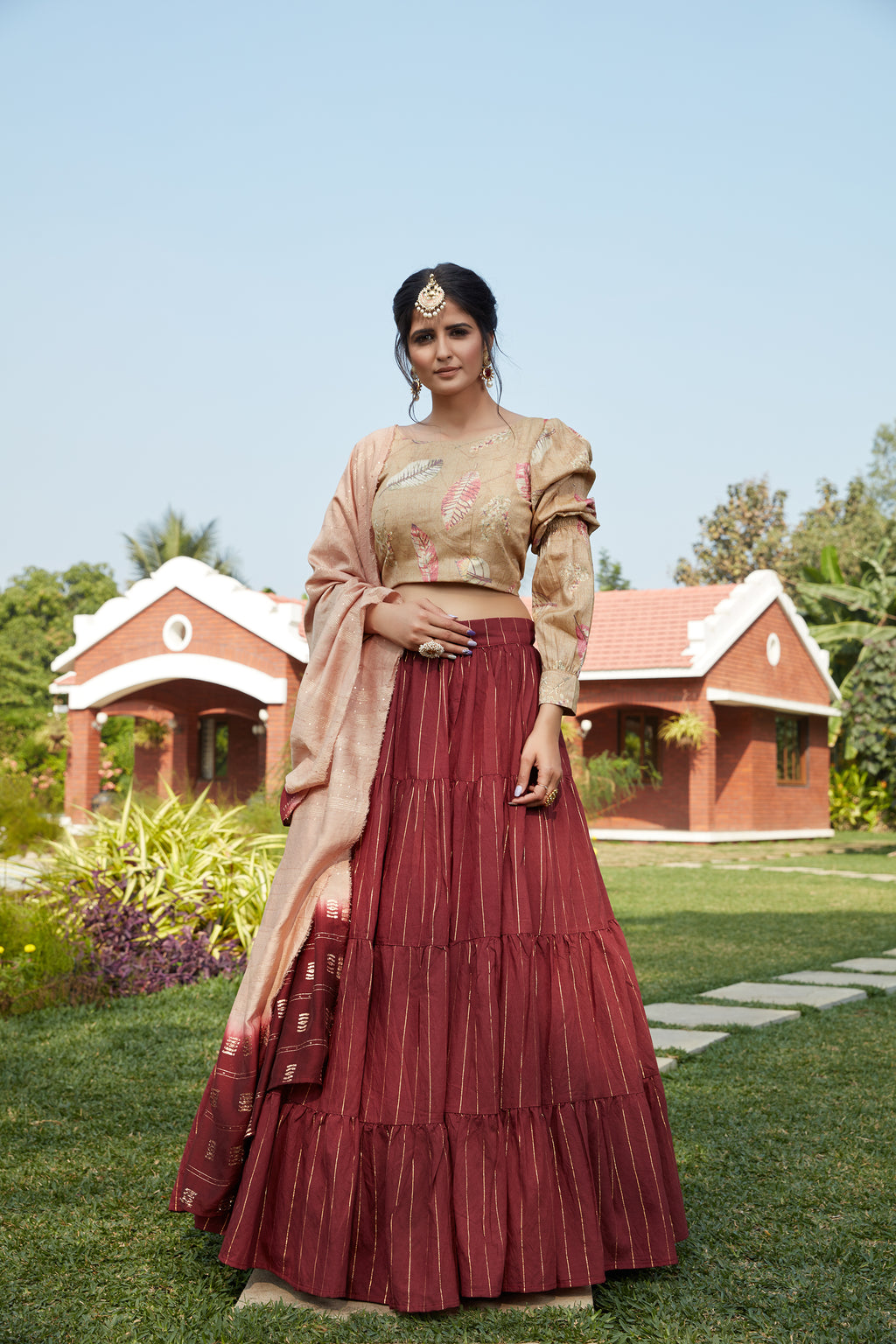 Maroon Printed Cotton Party Wear Lehenga Choli With Dupatta ClothsVilla
