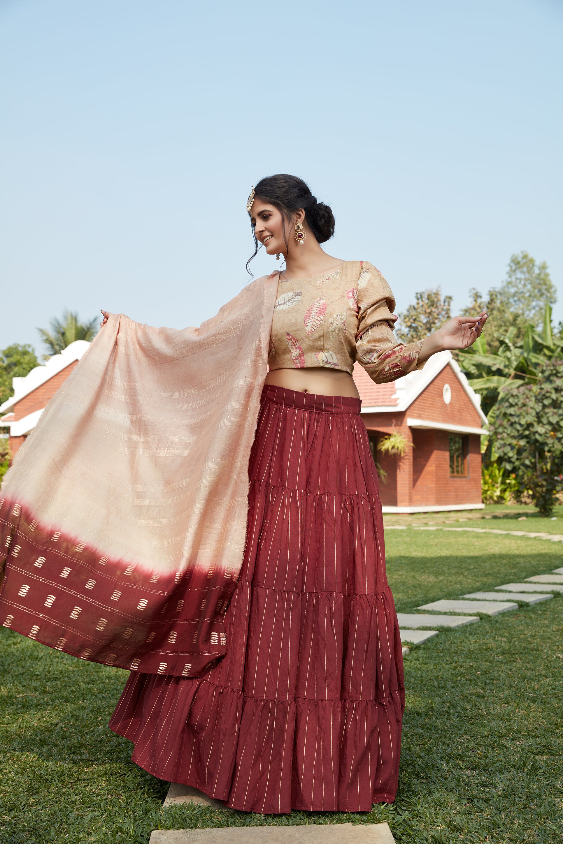 Maroon Printed Cotton Party Wear Lehenga Choli With Dupatta ClothsVilla