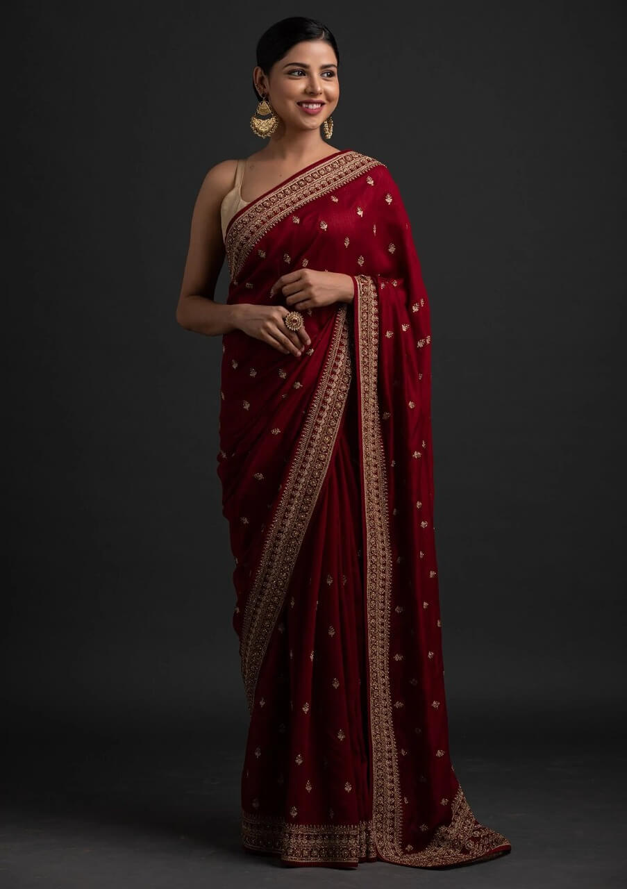 Maroon Saree In Vichitra Silk With Dori And Sequence Work Clothsvilla
