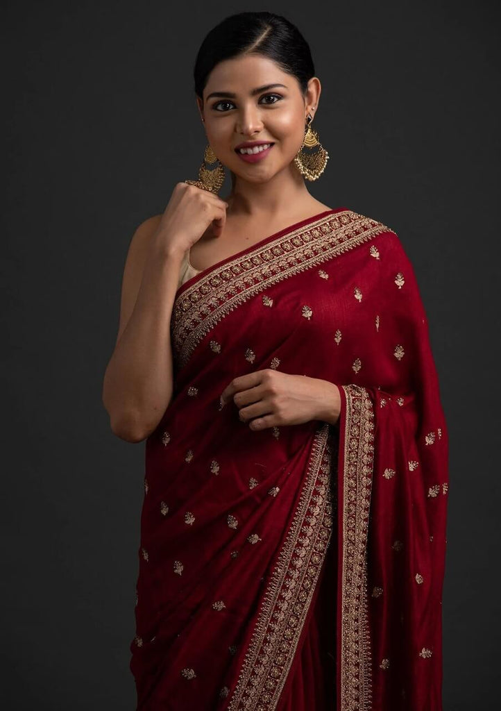 Maroon Saree In Vichitra Silk With Dori And Sequence Work Clothsvilla