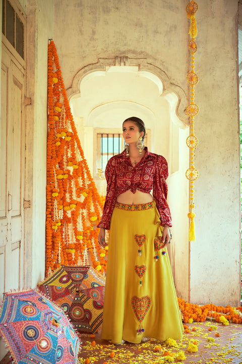 Maroon With Green Color Navratri Special Ready To Wear Croptop Lehenga Clothsvilla Main image