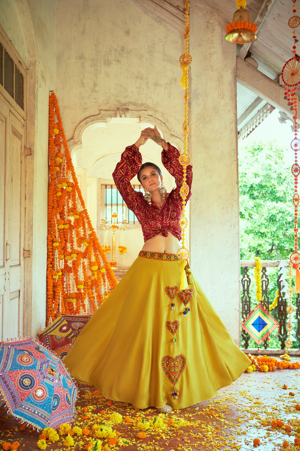 Maroon With Green Color Navratri Special Ready To Wear Croptop Lehenga Clothsvilla