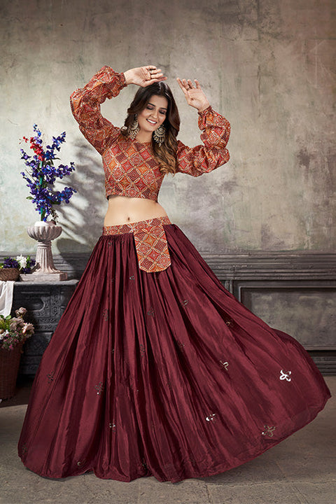 Maroon Art Silk Thread With Sequins Embroidered Crop-Top Skirt ClothsVilla.com Main image
