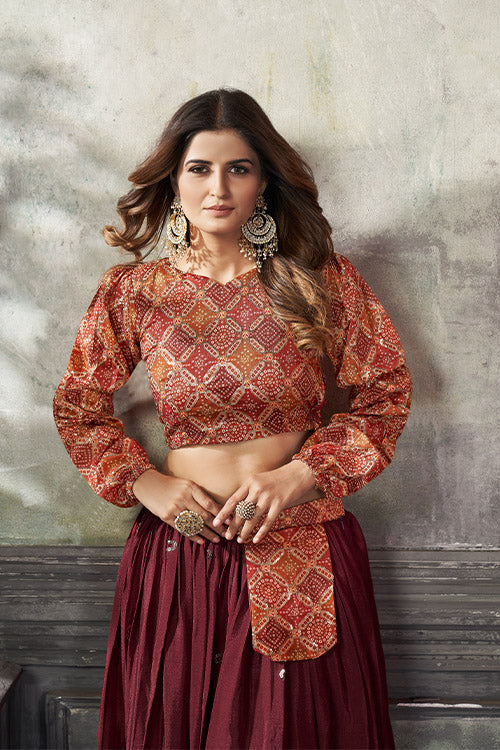 Maroon Art Silk Thread With Sequins Embroidered Crop-Top Skirt ClothsVilla.com
