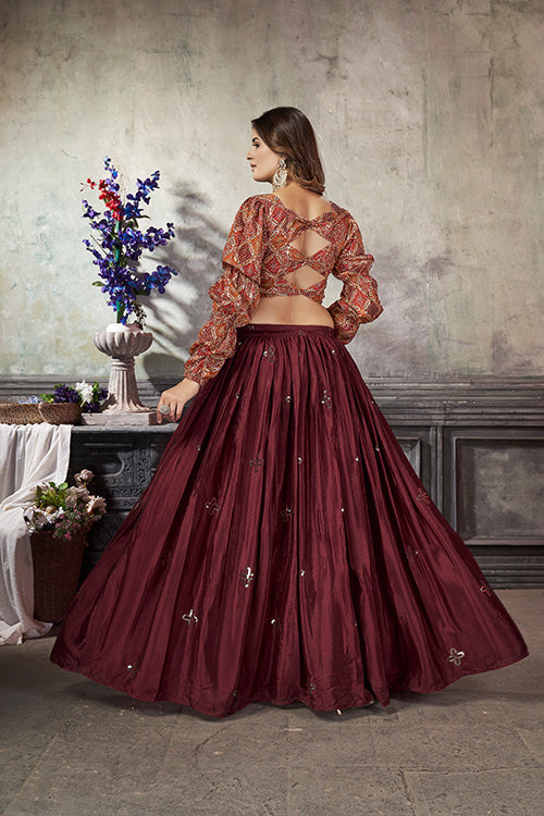 Maroon Art Silk Thread With Sequins Embroidered Crop-Top Skirt ClothsVilla.com