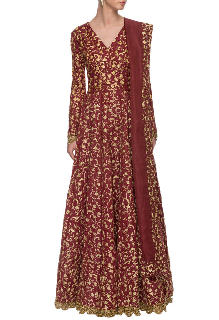 Maroon Indian Art Silk Gown For Indian Festival & Weddings - Sequence Embroidery Work, Dori Work Clothsvilla