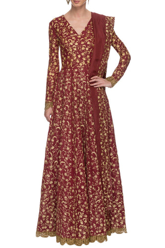 Maroon Indian Art Silk Gown For Indian Festival & Weddings - Sequence Embroidery Work, Dori Work Clothsvilla