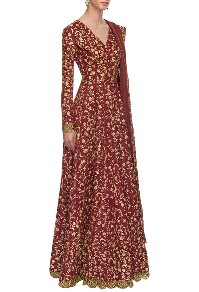 Maroon Indian Art Silk Gown For Indian Festival & Weddings - Sequence Embroidery Work, Dori Work Clothsvilla
