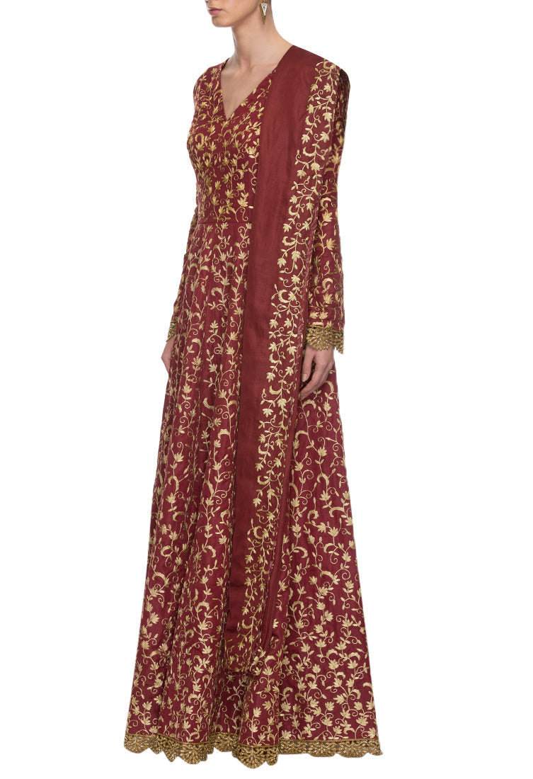 Maroon Indian Art Silk Gown For Indian Festival & Weddings - Sequence Embroidery Work, Dori Work Clothsvilla