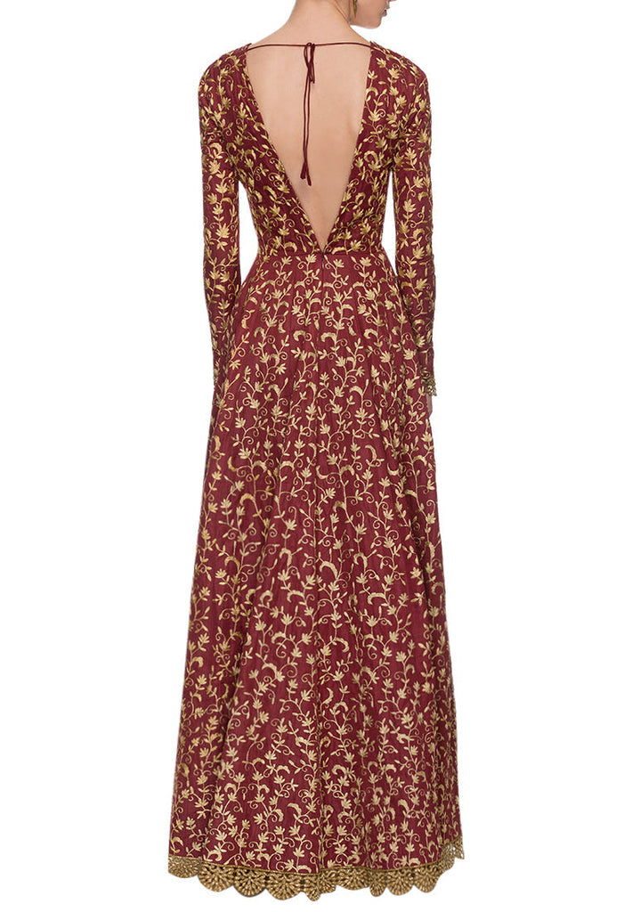 Maroon Indian Art Silk Gown For Indian Festival & Weddings - Sequence Embroidery Work, Dori Work Clothsvilla