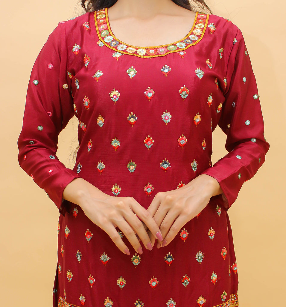 Maroon Pakistani Georgette Plazo Suit For Indian Festival & Weddings - Sequence Embroidery Work, Thread Embroidery Work, Foil Mirror Work, Clothsvilla