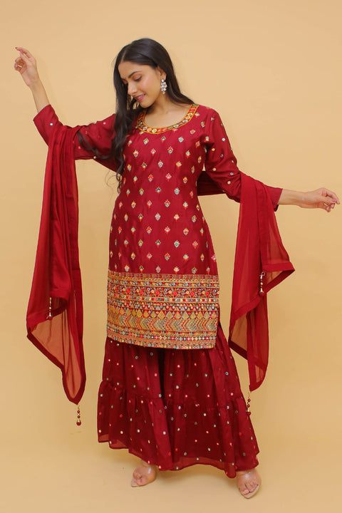 Maroon Pakistani Georgette Plazo Suit For Indian Festival & Weddings - Sequence Embroidery Work, Thread Embroidery Work, Foil Mirror Work, Clothsvilla Main image