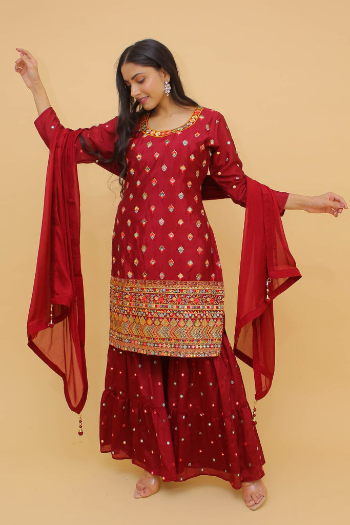 Maroon Pakistani Georgette Plazo Suit For Indian Festival & Weddings - Sequence Embroidery Work, Thread Embroidery Work, Foil Mirror Work, Clothsvilla