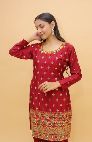 Maroon Pakistani Georgette Plazo Suit For Indian Festival & Weddings - Sequence Embroidery Work, Thread Embroidery Work, Foil Mirror Work, Clothsvilla