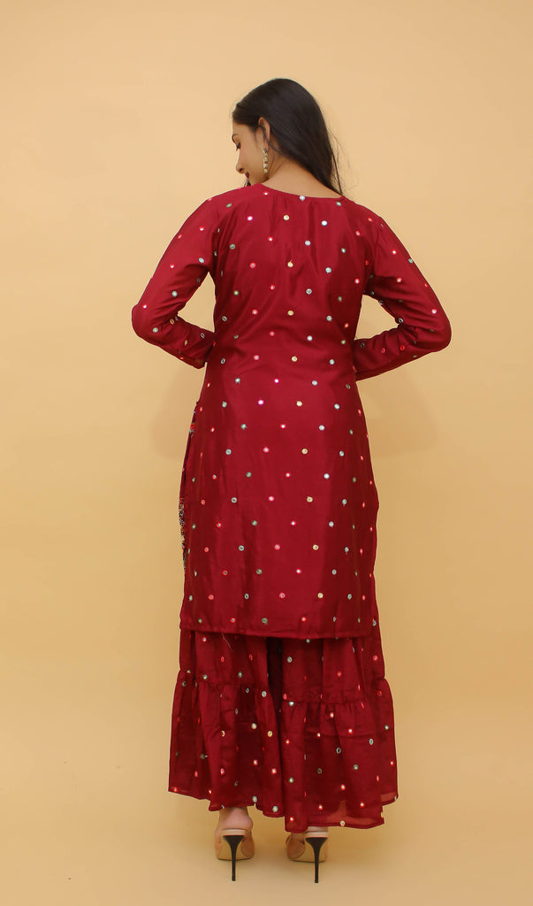 Maroon Pakistani Georgette Plazo Suit For Indian Festival & Weddings - Sequence Embroidery Work, Thread Embroidery Work, Foil Mirror Work, Clothsvilla