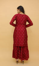 Load image into Gallery viewer, Maroon Pakistani Georgette Plazo Suit For Indian Festival &amp; Weddings - Sequence Embroidery Work, Thread Embroidery Work, Foil Mirror Work, Clothsvilla