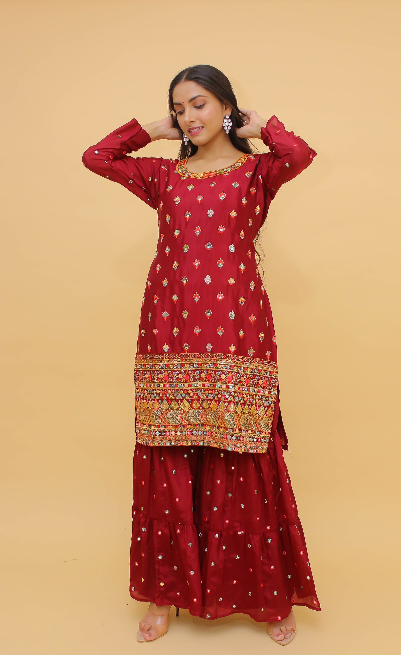Maroon Pakistani Georgette Plazo Suit For Indian Festival & Weddings - Sequence Embroidery Work, Thread Embroidery Work, Foil Mirror Work, Clothsvilla