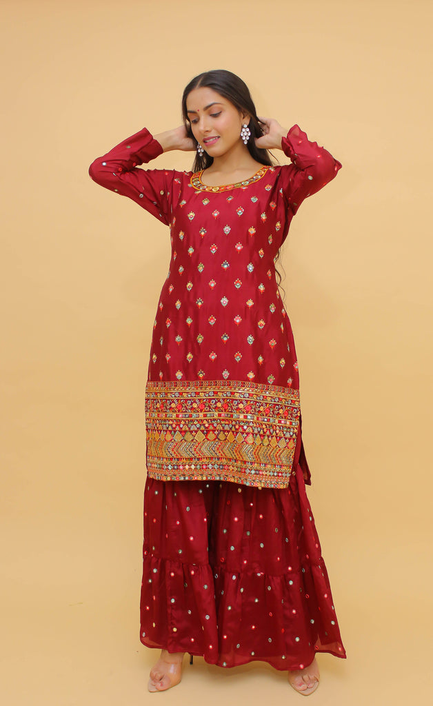 Maroon Pakistani Georgette Plazo Suit For Indian Festival & Weddings - Sequence Embroidery Work, Thread Embroidery Work, Foil Mirror Work, Clothsvilla