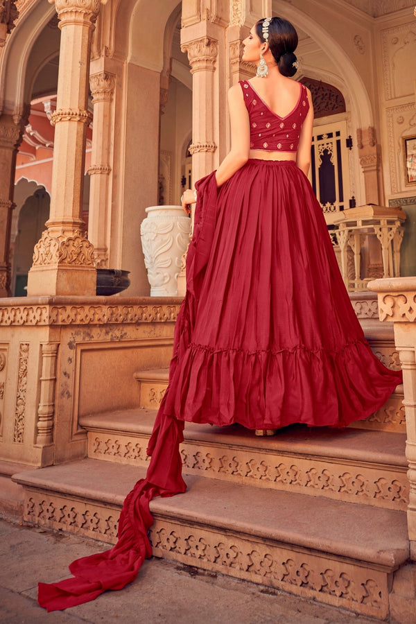 Maroon Ruffle Lehenga Choli with Dupatta Ruffle Art Silk Chinon Designer Traditional Partywear Wedding Festival Bridal Indian - Sequenc Clothsvilla