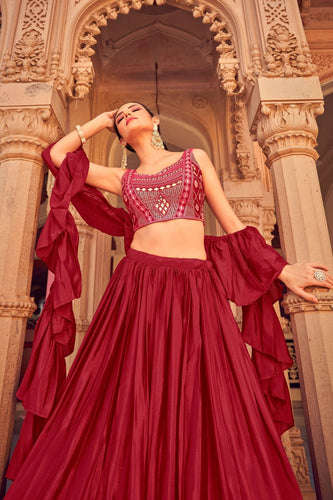 Maroon Ruffle Lehenga Choli with Dupatta Ruffle Art Silk Chinon Designer Traditional Partywear Wedding Festival Bridal Indian - Sequenc Clothsvilla