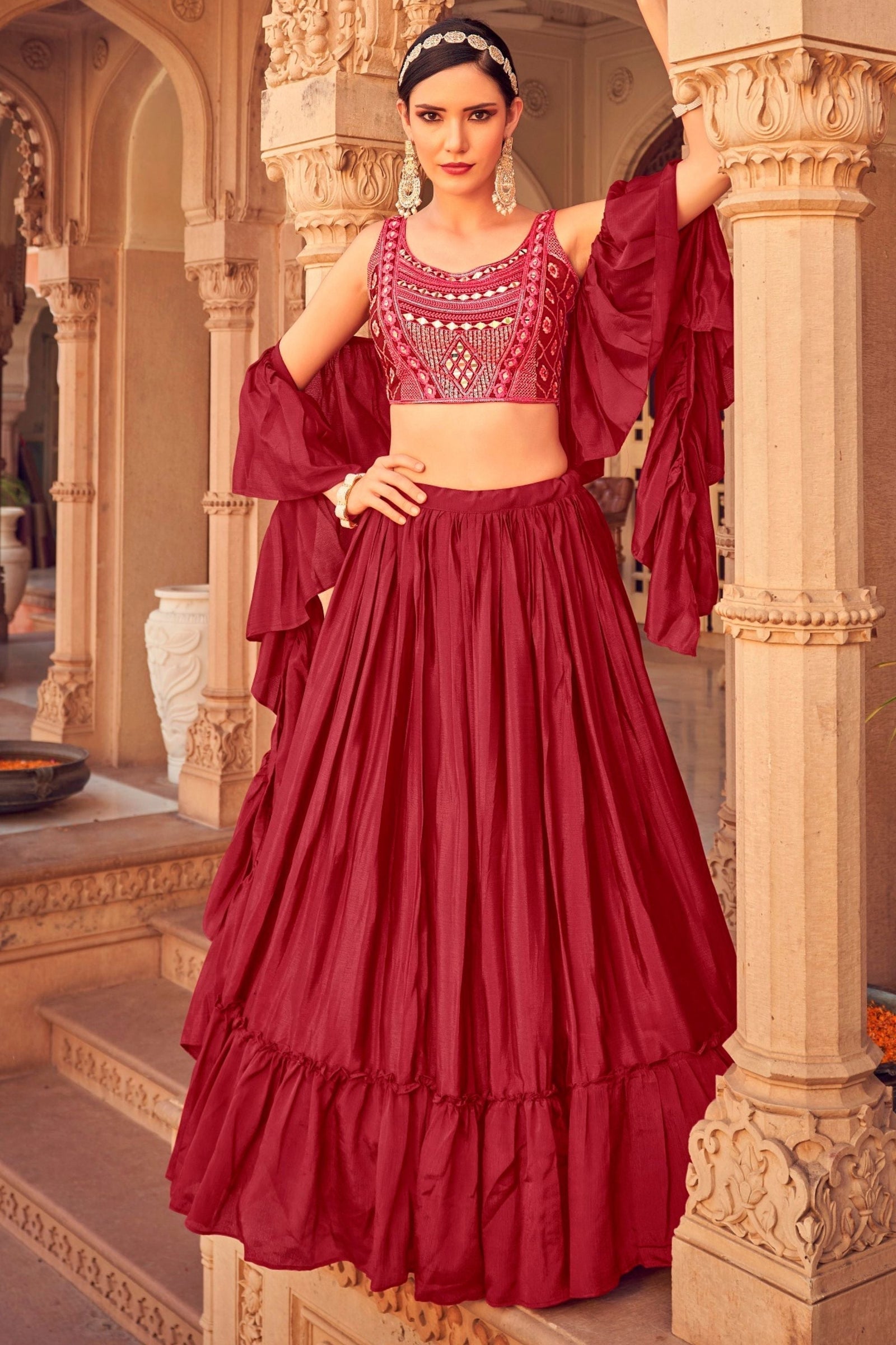 Maroon Ruffle Lehenga Choli with Dupatta Ruffle Art Silk Chinon Designer Traditional Partywear Wedding Festival Bridal Indian - Sequenc Clothsvilla