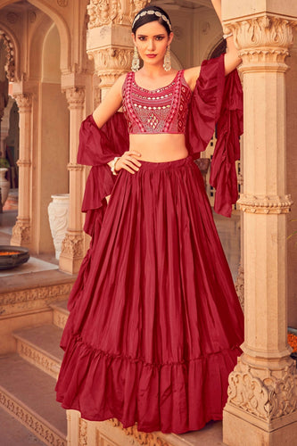 Maroon Ruffle Lehenga Choli with Dupatta Ruffle Art Silk Chinon Designer Traditional Partywear Wedding Festival Bridal Indian - Sequenc Clothsvilla
