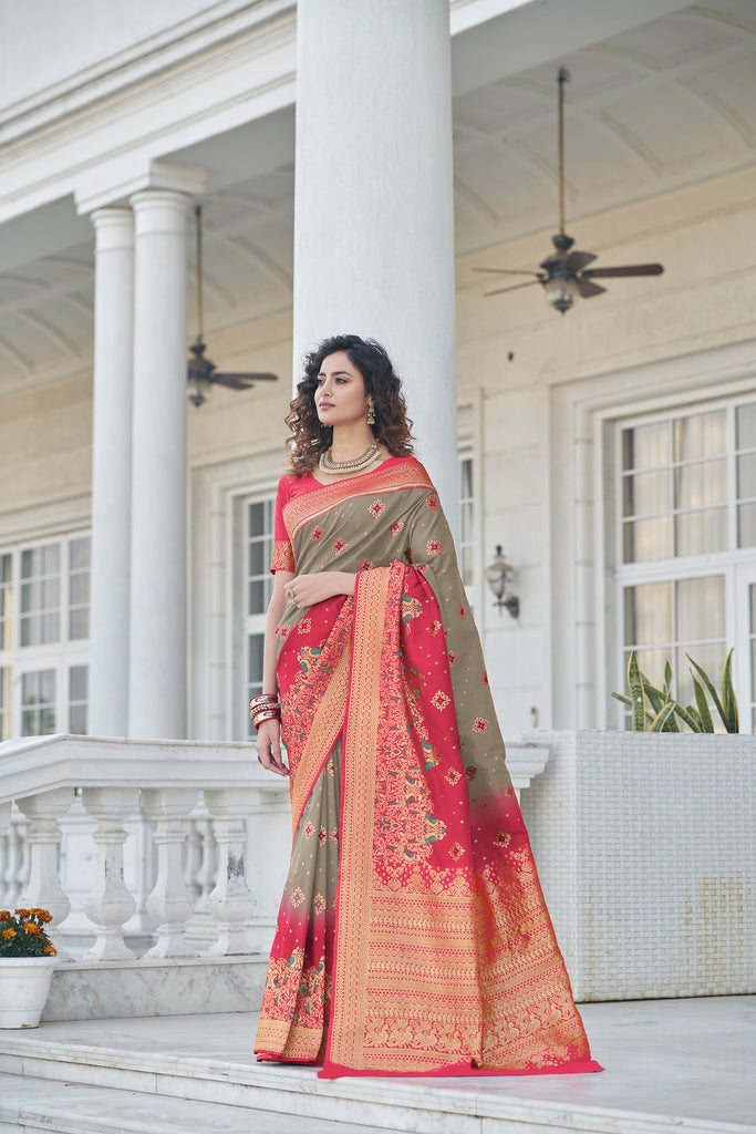 Marvelous Grey Zari Weaving Banarasi Silk Wedding Wear Saree ClothsVilla