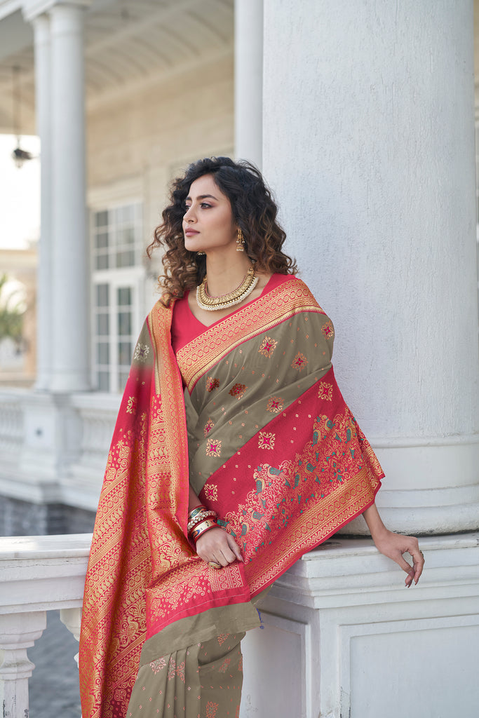 Marvelous Grey Zari Weaving Banarasi Silk Wedding Wear Saree ClothsVilla