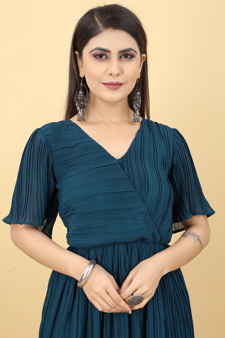 Marvelous Teal Blue Color Pleated Gown Clothsvilla