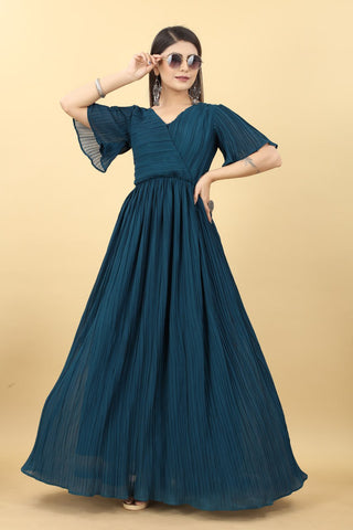 Marvelous Teal Blue Color Pleated Gown Clothsvilla