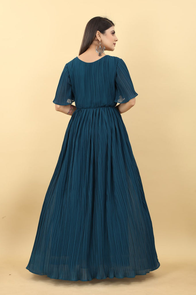 Marvelous Teal Blue Color Pleated Gown Clothsvilla