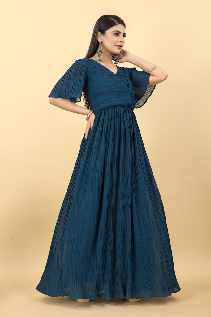 Marvelous Teal Blue Color Pleated Gown Clothsvilla