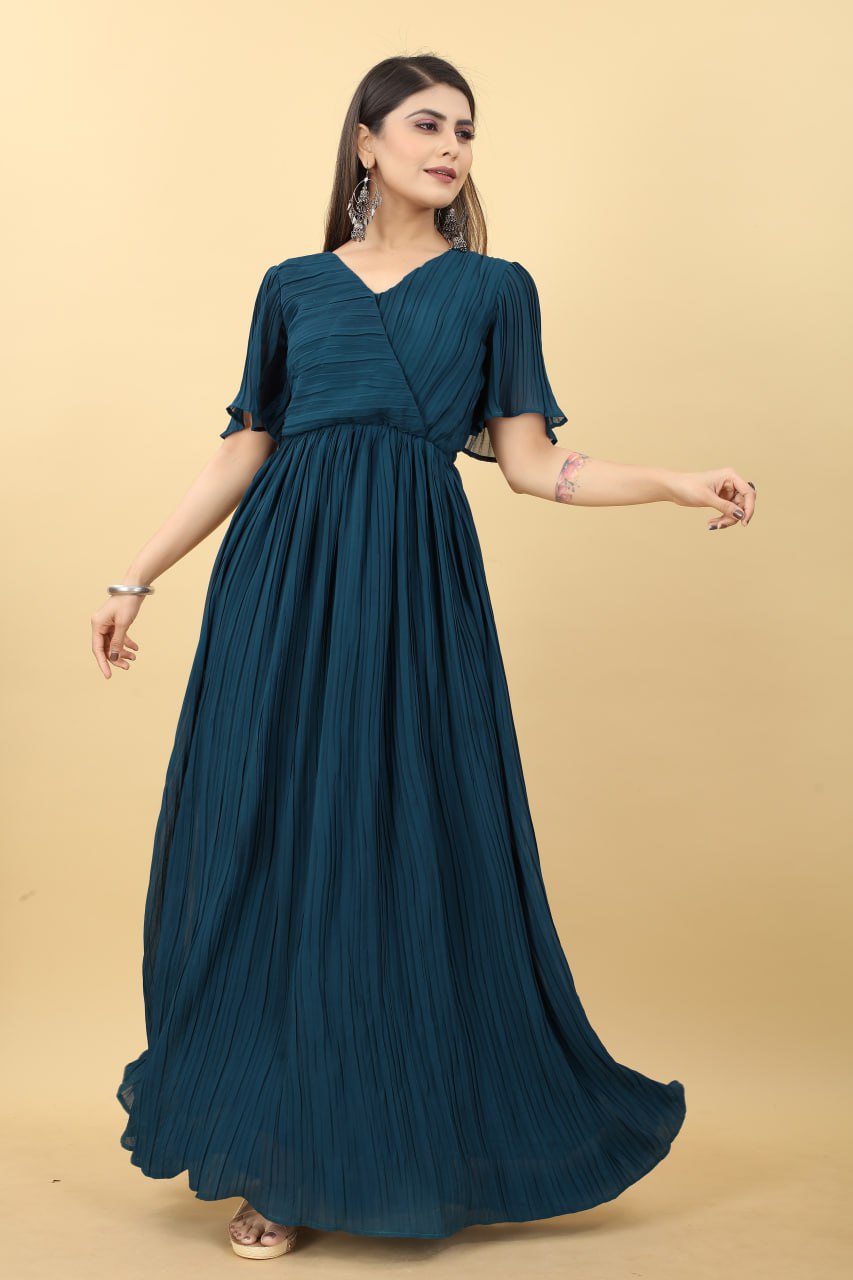 Marvelous Teal Blue Color Pleated Gown Clothsvilla