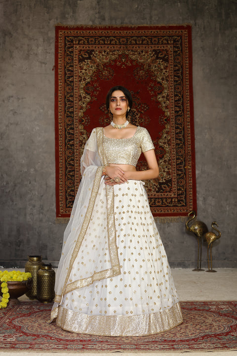 Marvelous White Sequins Embroidered Net Semi Stitched Wedding Lehenga ClothsVilla Main image
