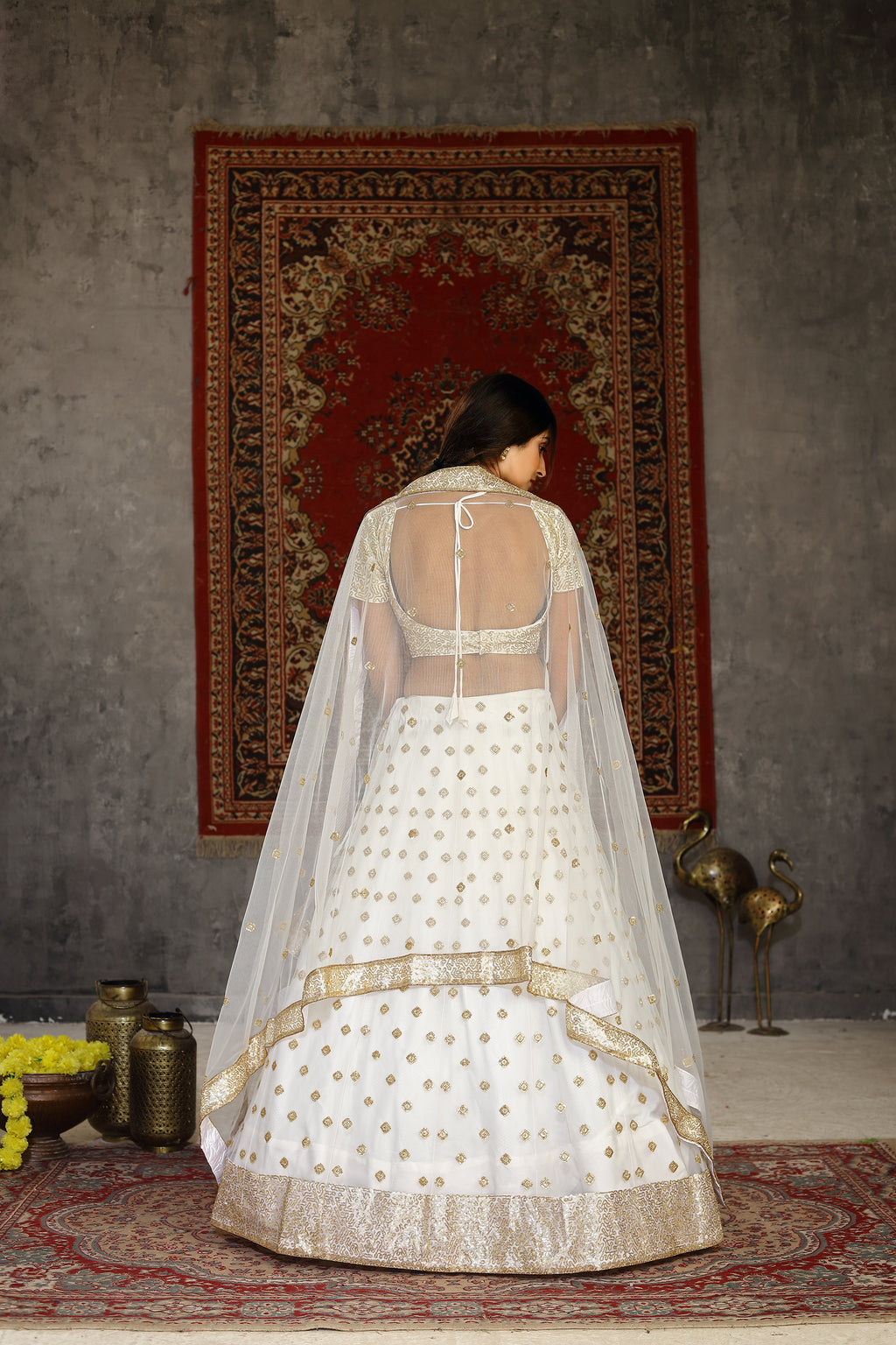 Marvelous White Sequins Embroidered Net Semi Stitched Wedding Lehenga ClothsVilla