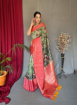 Mehendi Green Saree in Banarasi Silk with Kalamkari Prints Clothsvilla