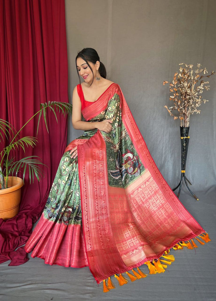 Mehendi Green Saree in Banarasi Silk with Kalamkari Prints Clothsvilla