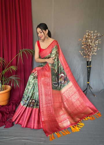 Mehendi Green Saree in Banarasi Silk with Kalamkari Prints Clothsvilla